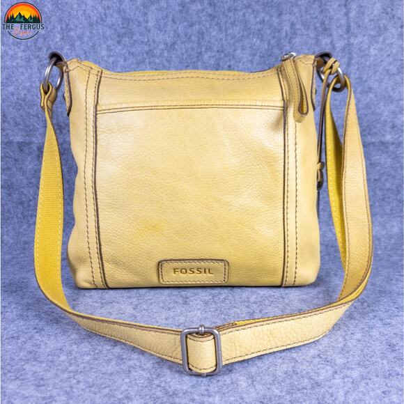 Fossil Crossbody Bag Mustard Yellow Genuine Leather Adjustable Strap Lagenlook - Picture 3 of 16